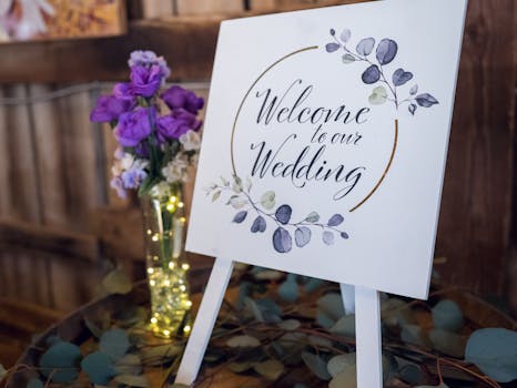 Beautiful wedding welcome sign with purple flowers and elegant lettering, perfect for rustic decor.