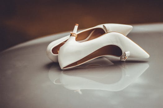 Sophisticated white stilettos paired with gold wedding bands, symbolizing luxury and elegance.