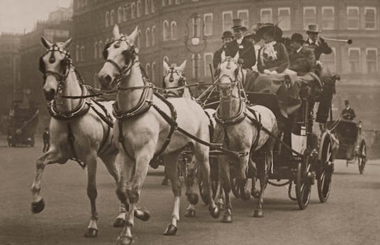 Elegant vintage photo of a horse-drawn carriage with passengers in a historical city scene.